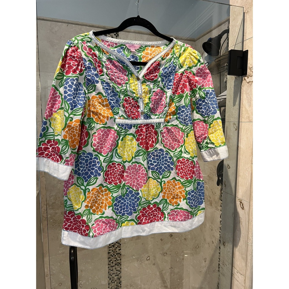 Lilly Pulitzer Egan Tunic Top Floral Pleated Colorful Cotton Blouse Medium